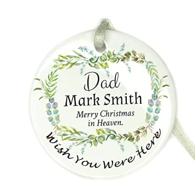 Image of GuteGifts Personalised Memorial Christmas Ceramic Bauble Ornaments Plaque Mum Dad Bereavement Remembrance Gifts Xmas Tree Decoration Merry In Heaven,Wish You Were Here