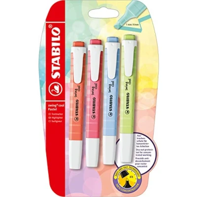 Image of Highlighter STABILO swing cool Pastel Pack of 4 Dash Lime, Cherry Blossom Pink, Cloudy Blue, Mellow Coral Red