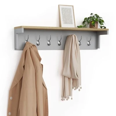 Image of VonHaus Coat Hooks Wall Mounted Grey Rack with Shelf &amp; 7 Strong Double Hallway Organiser w/Ash Wood Veneer for Hall Entryway Coats, Scarves, Bags