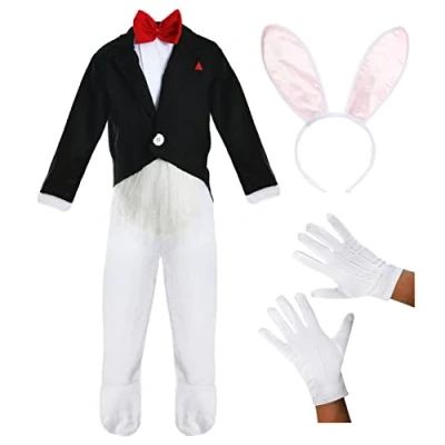 Image of Kids White Rabbit Costume Medium with Attached Black Frock Coat and Ears Boys Girls Wonderland World Book Day Fancy Dress