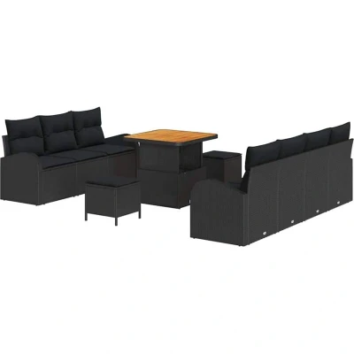 Image of vidaXL 10 Piece Garden Sofa Set with Cushions Black Poly Rattan Acacia
