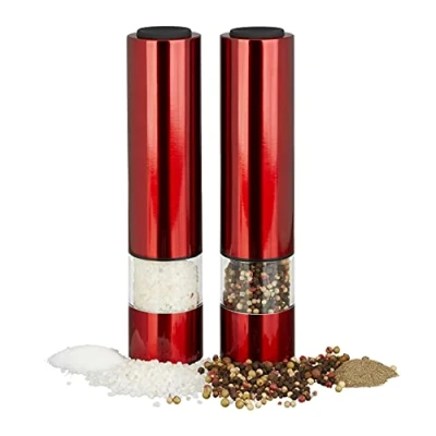 Image of Relaxdays Electrical Pepper Mill, Set of 2, Stylish, LED Light, Spice Shaker, Stainless Steel, Battery Operated, Red