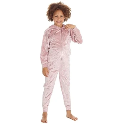 Image of Metzuyan Kids Girls Crushed Velvet Onesie All in One Piece Pyjama Velour PJs Pink 9 10 Years