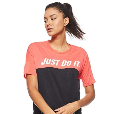 Image of Nike Women W NK TAILWIND TOP SS SD T shirt Ember Glow/Black/White, Large