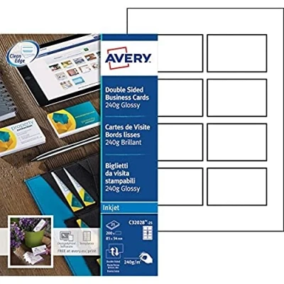 Image of Avery C32028 25 Printable Double Sided Glossy Business Cards, 8 Cards Per A4 Sheet