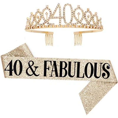 Image of Leixi 40 and Fabulous Sash &amp; Rhinestone Tiara Set 40th Birthday Gifts for Women Party Supplies (Gold)