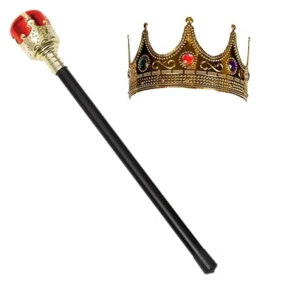 Image of My Illusions Kings Crown + Sceptre Set Adults Royal Coronation Fancy Dress Costume Accessory