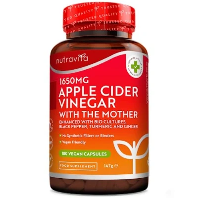 Image of Raw Apple Cider Vinegar 1650MG with The Mother High Strength 180 Vegan Capsules (Not Tablets) Boosted Turmeric, Black Pepper &amp; Ginger Perfect for Keto Diet Made by Nutravita