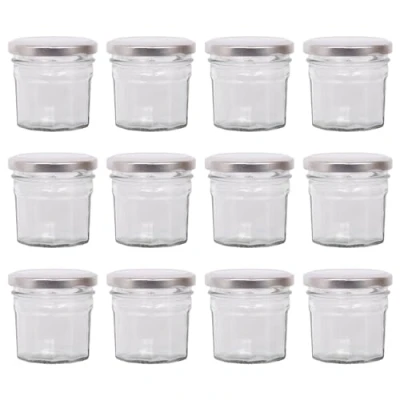 Image of Argon Tableware Glass Jam Jars with Airtight Silver Lids 90ml Pack of 12 Empty Screw Top Kitchen Storage Jar for Food, Honey, Spice, Pickling, Preserving, Candle Making