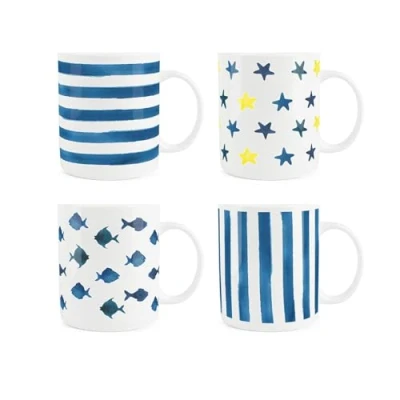 Image of Purely Home Fish, Stars &amp; Stripes Mug Set Mixed of 4 Stylish Striped Patterned Drinkware Gifts/Presents White Bone China Coffee/Tea Hot Drinks Cup