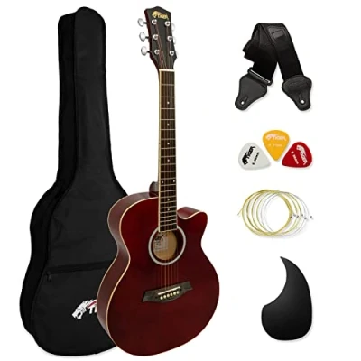 Image of TIGER ACG1 RD34 3/4 Size Acoustic Guitar Steel String Small body for Ages 9+ with Bag, Strap, Spare Strings and Plectrums Red Now 6 Months Free Lessons Included