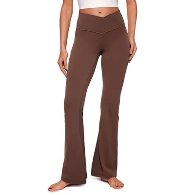 Image of CRZ Yoga Women&#039;s Butterluxe Crossover Flared Leggings 31&#039;&#039; High Waist Bootleg Workout Stretch Bootcut Pants Coffee Brown 14