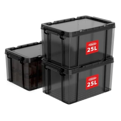 Image of Cetomo 25L*3 Storage Boxes, Stackable Box with Lids, Heavy Duty Lidded Container Reinforced Corners, Vertical Sides and Clip Closure, Durable, Plastic, Clear Black, 25L 3Pack