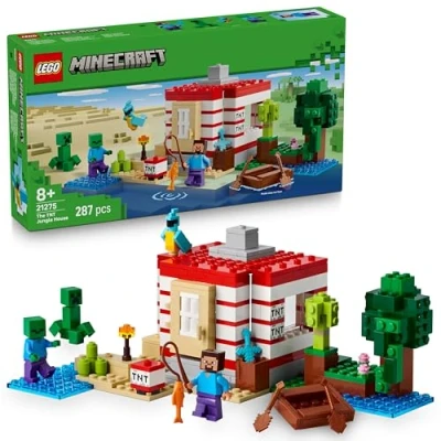 Image of LEGO Minecraft The TNT Jungle House Toy Building Set with a Trigger Switch for Explosive Function Incl. Boat plus Steve, Creeper and Zombie Figures Gift 8+ Year Old Girls &amp; Boys 21275