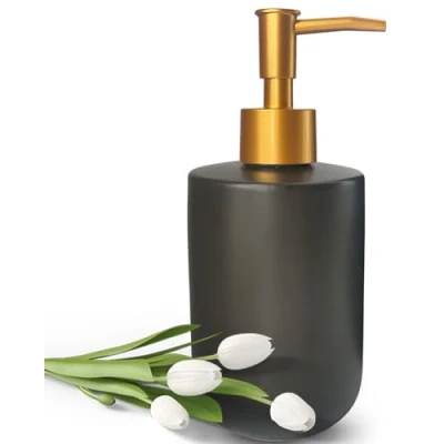 Image of Liquid Soap Dispenser for Bathroom with Gold Pump，Dish Kitchen，Refillable Countertop Lotion Ceramics Black Hand Shower 420ml(Cylindrical Bottle)