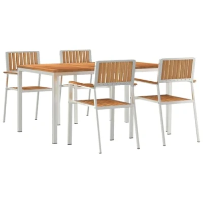 Image of vidaXL 5 Piece Garden Dining Set Solid Wood Teak, Table for Outdoor Use 150 x 90 75 cm Stackable Chairs 4 Pieces Teak and Metal