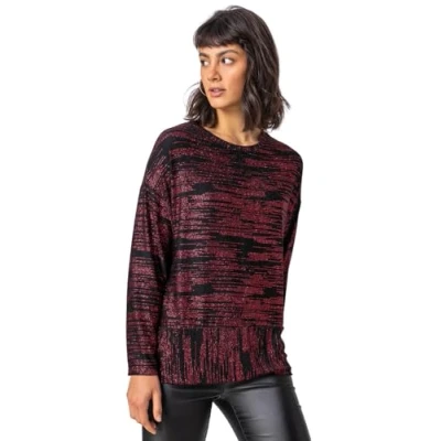 Image of Roman Originals Women Shimmer Stripe Glitter Top Ladies Spring Evening Summer Party Round Neckline Jersey Side Split Comfy Shirt Vacation 3/4 Sleeve T Shirts Red Size 12