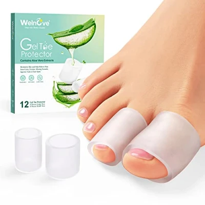 Image of Welnove Toe Protectors 12 Pack Aloe Vera Infused Silicone Sleeve Covers for Corns, Calluses Gel Protector Cushions Pain Relief (Clear)