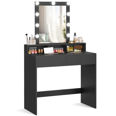 Image of VASAGLE Dressing Table, LED Lights with Adjustable Brightness, Vanity Table Mirror, 2 Drawers and 3 Compartments, Makeup Modern, Simply Black RDT194B01