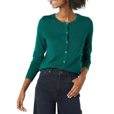 Image of Amazon Essentials Women&#039;s Lightweight Crewneck Cardigan Jumper (Available in Plus Size), Dark Green, XS