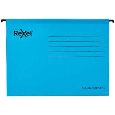 Image of Rexel Classic A4 Reinforced Suspension Files for Filing Cabinets, 15 mm V base, 100 Percent Recycled Card, Blue, Pack of 25, 2115587