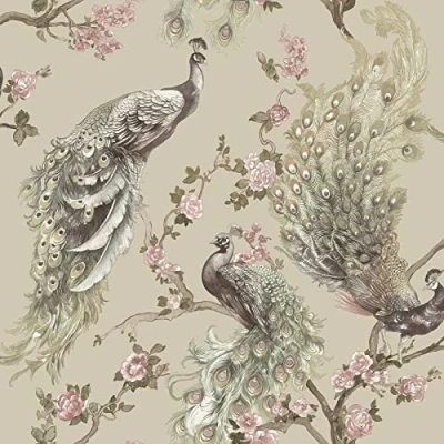 Image of Holden Menali Peacock Glitter Wallpaper Exotic Bird Beige 36271