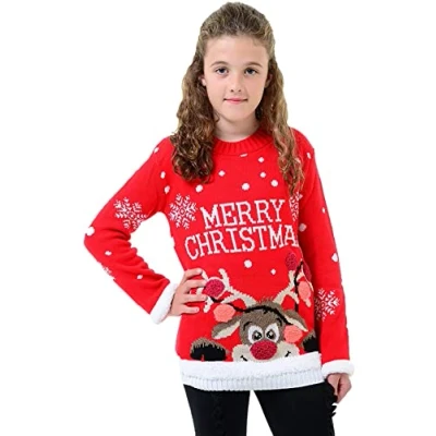 Image of Loxdonz Girls Boys Knitted Merry Christmas Xmas Snowflake Kids Reindeer Pom Jumper Sweater Top (7 8 Years, Red)