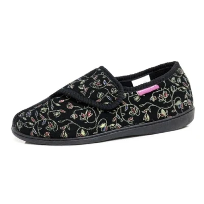 Image of DUNLOP Bluebell Womens Floral Print Touch and Close Slippers (Black, UK Footwear Size System, Adult, Women, Numeric, Medium, 4)