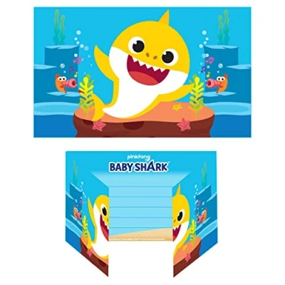 Image of amscan 9908481 8 x Official Pink Fong Baby Shark Invitation cards Birthday Party Accessory