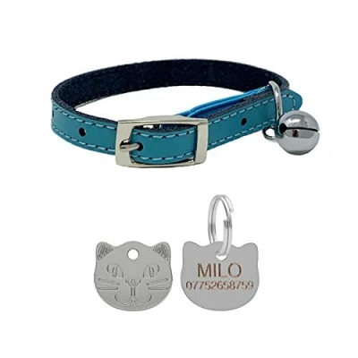 Image of Leather Cat Collar, Safety Elastic Bell &amp; Engraved Face Tag (Blue)