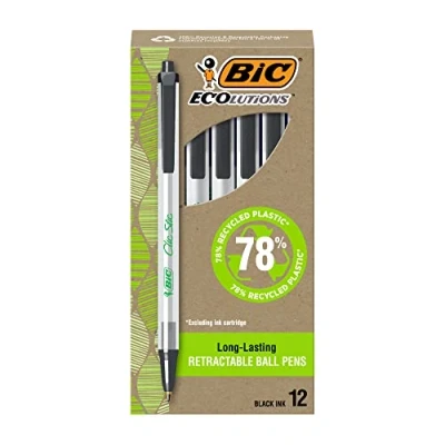 Image of BIC Ecolutions Clic Stic Black Ballpoint Pens, Medium Point (1.0mm), 12 Count Pack, Retractable Ball Pens Made from 78% Recycled Plastic