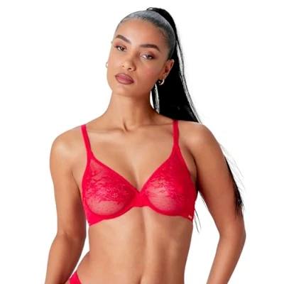 Image of Gossard Womens 13001 Glossies Lace Sheer Bra Red Elastane Size 32C