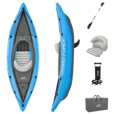 Image of Bestway Hydro Force Cove Champion 1 Person Inflatable Kayak Set with Hand Pump, Paddles, Carry Bag, Blue, Grey, 275 x 81 45 cm