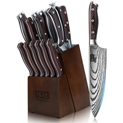 Image of SHAN ZU Kitchen Knives Set 16 pcs, Japanese Knife with Block High Carbon Stainless Steel Ultra Sharp for Professional Chef Sharpener