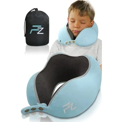 Image of FLOWZOOM COMFY Kids Travel Pillow Neck Pillows for Memory Foam Airplane Car Seat Head Support Essentials Blue