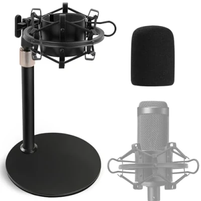 Image of AT2020 Desktop Microphone Stand with Shock Mount &amp; Foam Windscreen, Adjustable Mic Desk Pop Filter Shockmount for Audio Technica AT2020USB+ AT2035 ATR2500 Condenser Frgyee