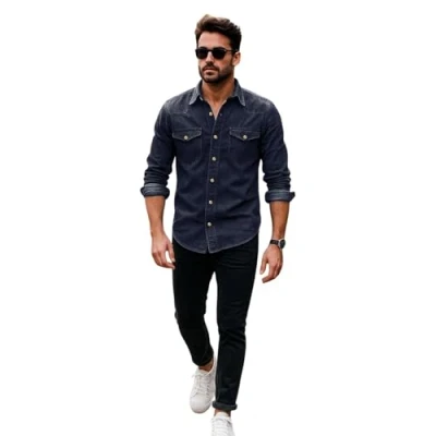 Image of True Face Mens Denim Shirt 100% Cotton Multi Pocket Long Sleeve Casual Collared Button Down Washed Effect Shirts Top Navy XL