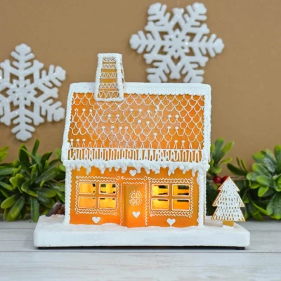 Image of Mr Crimbo Gingerbread House Christmas Decoration Light Up Yellow LED Ornament Resin 25cm