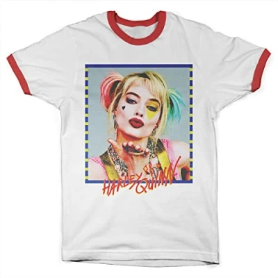 Image of Officially Licensed Harley Quinn Kiss Ringer Mens T Shirt (White Red), S