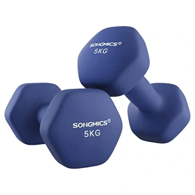 Image of SONGMICS Dumbbells Set of 2 x 5kg Hexagon Neoprene Coating Strength Training Workout Fitness Home Harbour Blue SYL910Q01