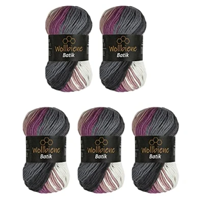 Image of 5 x 100 g Wollbiene Batik, 500 Wool with Colour Gradient, Multicoloured, Knitting Wool, Crochet (5400 Dark Grey, Berry, White)