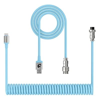 Image of XINMENG C01 Coiled Keyboard Cable, Pro Custom USB C Aviator Cable for Mechanical Keyboard, Type to A, TPU Spring with Detachable Metal Aviation Connector PC Gaming Keyboard/Phone Blue