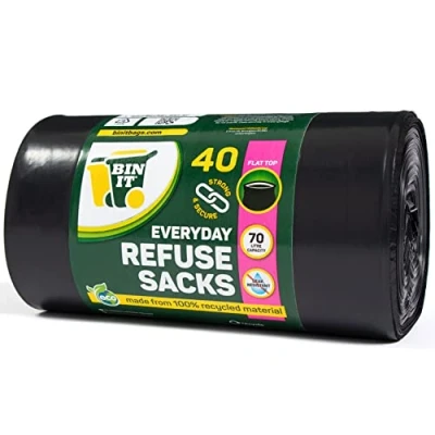 Image of Bin IT 40 Everyday 70L Strong &amp; Secure, Refuse Sacks, Bags, Liners, Flat Top, Recycled, Tear Resistant, 30 μm, Perfect for Use, Household, Office, Kitchen Caterers
