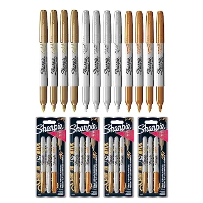Image of Sharpie Metallic Permanent Marker Pens Fine Point Pack of 12 Assorted Colours Gold, Silver, Bronze