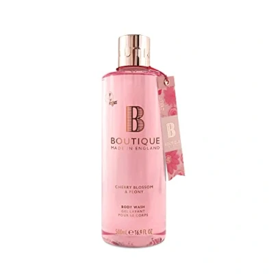Image of Boutique Cherry Blossom &amp; Peony Fragrance Body Wash 500ml Refreshing Cleansing Essential Oils Vegan and Cruelty Free No SLS or Parabens Made In England Recyclable Bottle