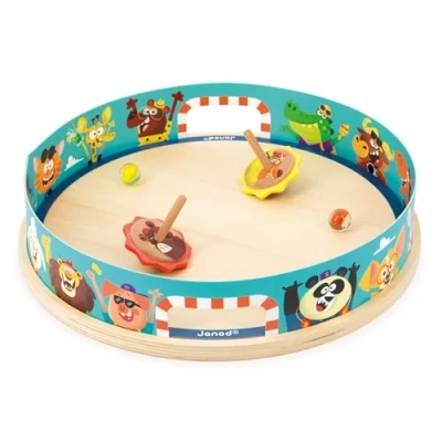 Image of Janod Applepop Spinning Top Arena Children’s Game of Skill 1 + 2 Spinners with Launchers Glass Marbles Develops Dexterity FSC Wood Toy 4 Years +, J03355