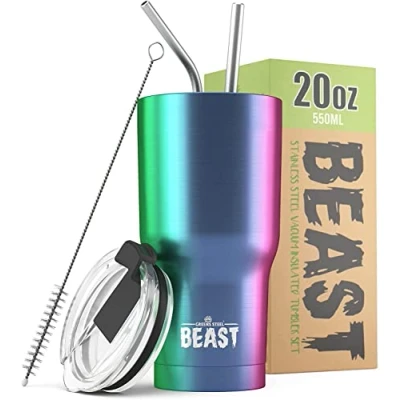 Image of Beast Tumbler 550 ml (20 oz), Rainbow Reusable Stainless Steel, Vacuum Insulated Cup with + 2 Straws &amp; Cleaning Brush Double Wall Travel Flask Perfect for Hot or Iced Coffee BPA Free