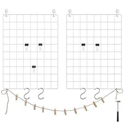Image of SONGMICS Grid Panels, Photo Wall Display, Metal Mesh Decor, DIY, Hanging Picture Wall, S Hook, Clip, Hemp Cord, Set of 2, White LPP01W
