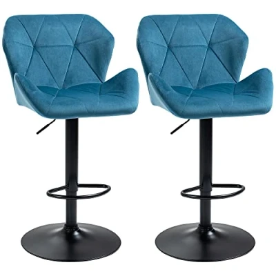 Image of HOMCOM Bar Stools Set of 2, Swivel Velvet feel Barstools with Wide Seat, Adjustable Height and Footrest, Breakfast Chairs for Kitchen, Dining Room, Blue