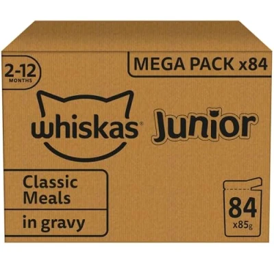 Image of Whiskas Junior Classic Selection in Gravy 84 Pouches, Wet Kitten &amp; Cat Food, of Beef, Lamb, Chicken Poultry, Megapack (84 x 85 g)